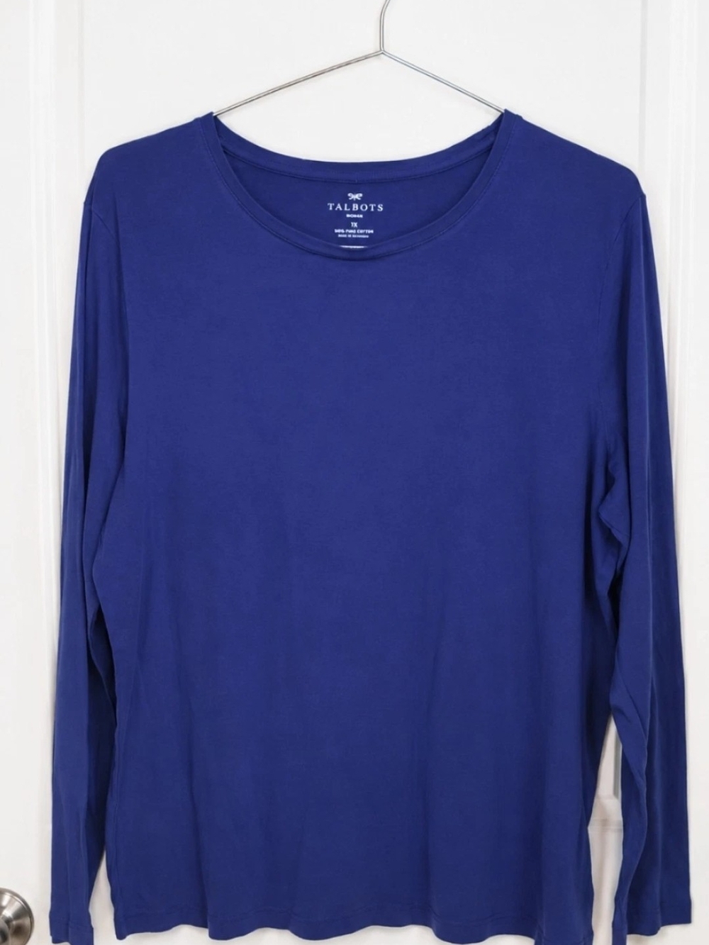 Talbots Women's 1X Pima Cotton Long Sleeve Crewneck Top Blue Plus Size